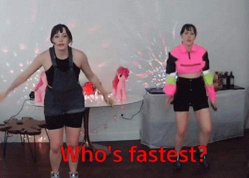 Two Women Dancing Who's Fastest Red Text