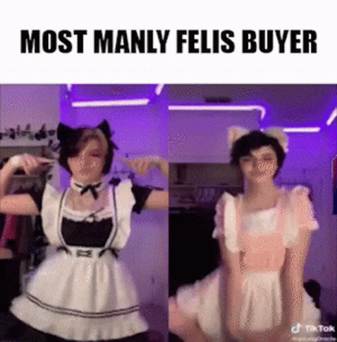 Two Women Dressed As Maids Are Dancing In A Room With The Caption `` Most Manly Felis Buyer '' . GIF