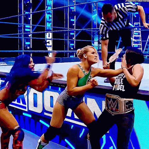 Two Women Fighting In Wrestling Ring With Referee GIF