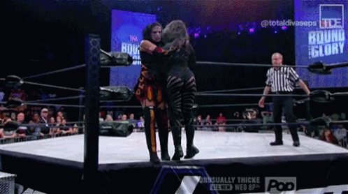 two women in a wrestling ring with the words bound for glory on the screen behind them