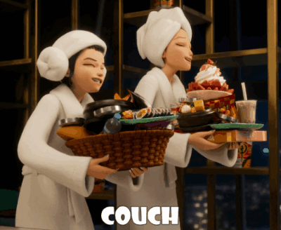 Two Women in Bathrobes Carrying Baskets of Food with Couch