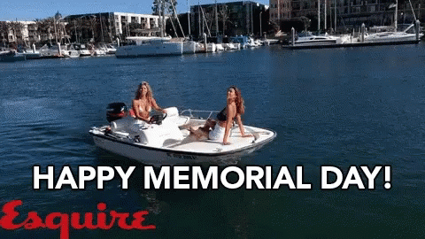 Two Women In Boat Saying Happy Memorial Day GIF