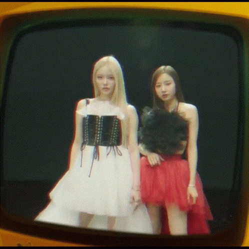 Two Women In Dresses Are Standing Next To Each Other In Front Of A Yellow Television Screen . GIF