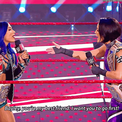 Two Women in Wrestling Ring One Says Bayley You're My Best Friend
