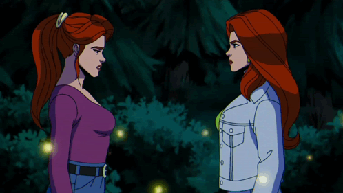 Two Women Shaking Hands In Front Of A Forest GIF