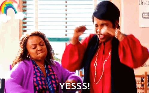Two Women Shouting Yesss In Classroom GIF