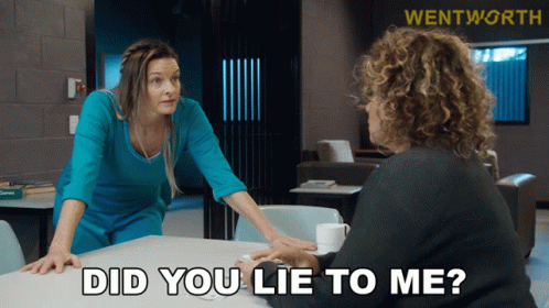 Two Women Sitting At A Table With The Words " Did You Lie To Me " On The Bottom GIF