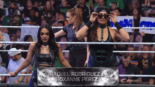 Two Women Standing In A Wrestling Ring With A Banner That Says Raquel Rodriguez & Roxanne Perez GIF