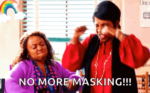 Two Women Standing Next To Each Other In Classroom With No More Masking GIF