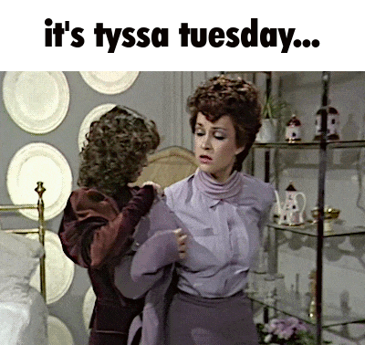 Two Women Standing Next To Each Other With The Words " It 'S Tyssa Tuesday " Above Them GIF