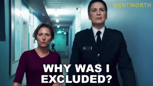 Two Women Walking Down A Hallway With The Words Why Was I Excluded GIF