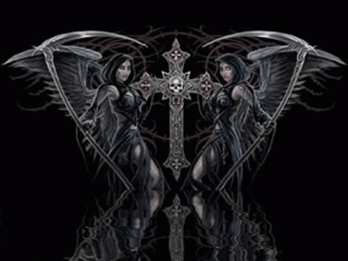 Two Women with Scythes and Cross