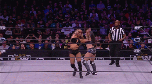 Two Women Wrestling in Ring With Referee and Crowd