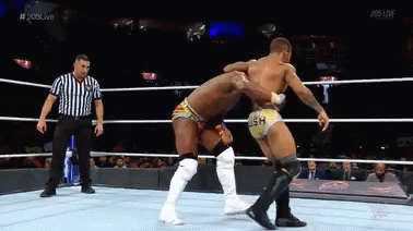 Two Wrestlers and Referee in Ring with 205 Live
