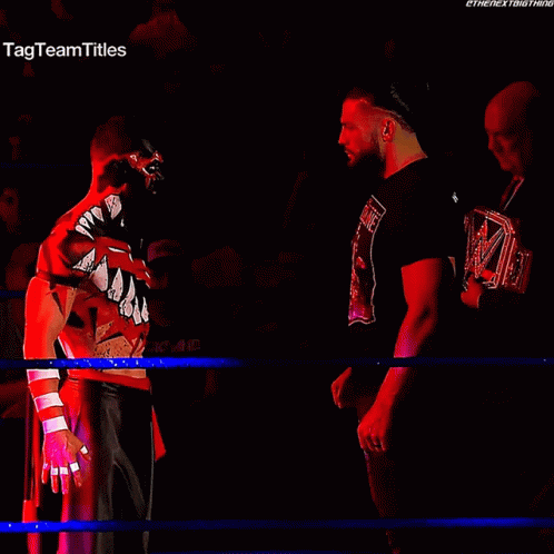 Two Wrestlers Are Facing Each Other In A Ring With The Tag Team Titles Written On The Bottom GIF