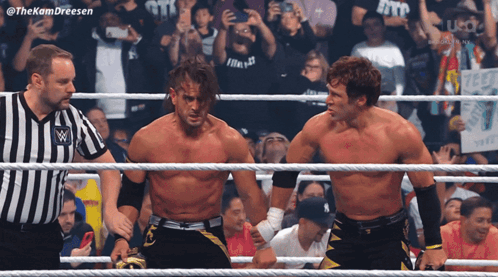 Two Wrestlers Are Standing In A Ring With A Referee And A Crowd Behind Them With The Hashtag #Thekamdreesen GIF
