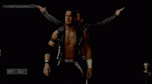 Two Wrestlers Are Standing In Front Of A Sign That Says West Coast Wrestling GIF
