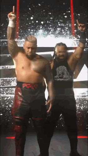 Two Wrestlers Are Standing Next To Each Other With Their Hands In The Air GIF