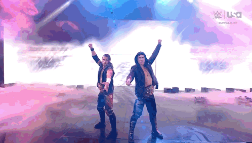 Two Wrestlers Are Standing On A Stage With Their Arms In The Air In Front Of A Screen That Says W Usa GIF
