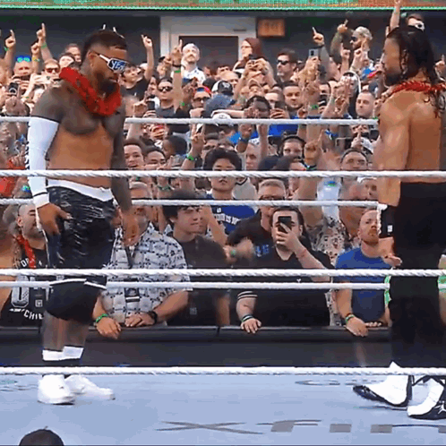 Two Wrestlers In A Ring With A Crowd Behind Them GIF