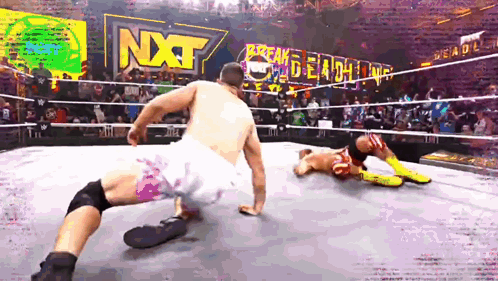Two Wrestlers In A Ring With A Sign That Says Nxt Behind Them GIF