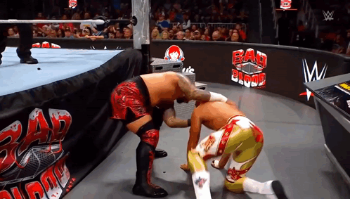 Two Wrestlers In A Wrestling Ring With A Sign That Says Bad Blood GIF