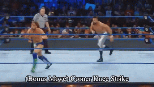 Two Wrestlers In A Wrestling Ring With The Words Bonus Move Corner Knee Strike GIF