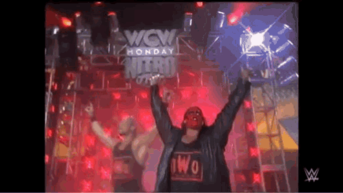 Two Wrestlers in Front of Wow Monday Nitro Sign