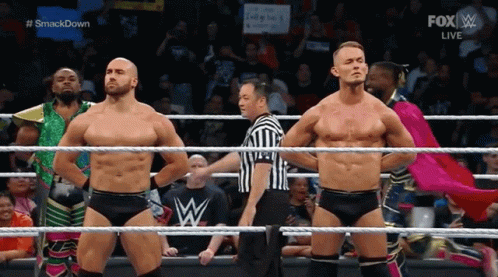 Two Wrestlers In Ring With Referee GIF