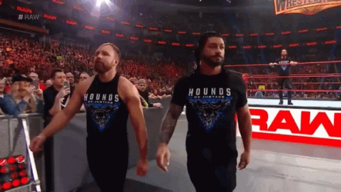 Two Wrestlers Wearing Hounds Of Justice T-Shirts Walk Out Of The Ring GIF