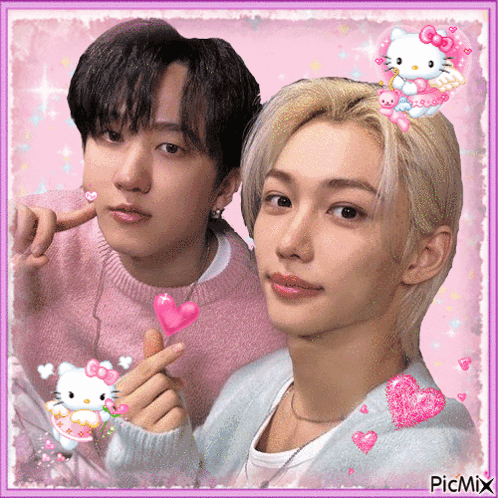 Two Young Men Are Posing For A Picture With A Hello Kitty On Their Head . GIF