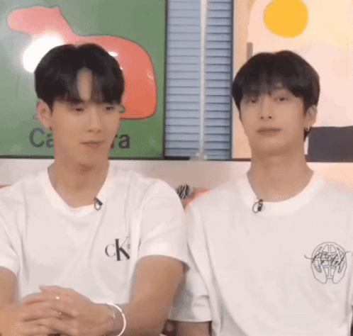 Two Young Men Are Sitting Next To Each Other In Front Of A Wall . GIF