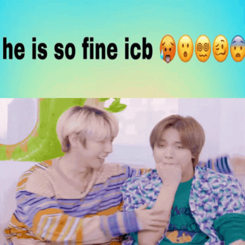 Two Young Men Are Sitting On A Couch With The Words He Is So Fine Icb Above Them GIF