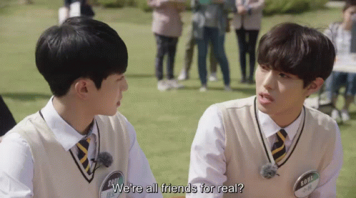 Two Young Men Are Talking To Each Other And One Of Them Says We 'Re All Friends For Real ? GIF