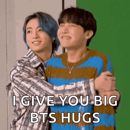 Two Young Men Hugging Each Other With The Words I Give You Big Bts Hugs Written On The Bottom GIF