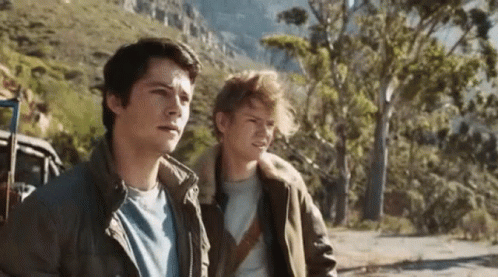 Two Young Men Standing On Mountain Road GIF