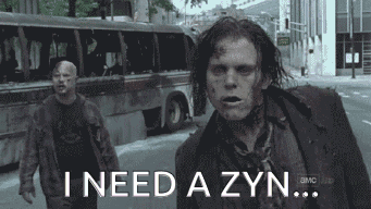 Two Zombies Walking Down A Street With The Words " I Need A Zyn " GIF