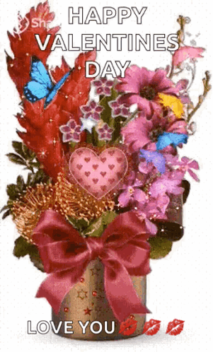 Valentine's Day Card With Vase Of Flowers And Butterflies GIF