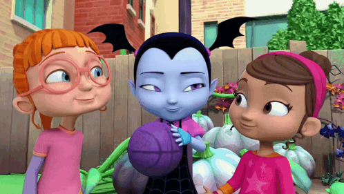 Vampire Holding Purple Ball With Two Girls GIF