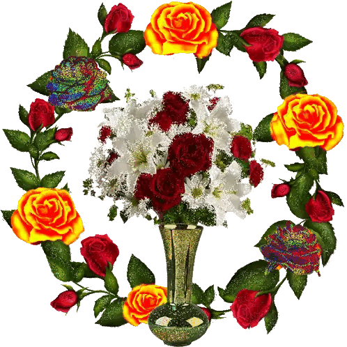 Vase of Flowers Surrounded by Wreath of Roses