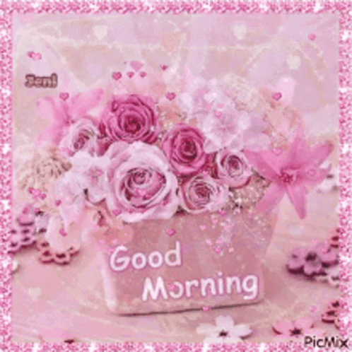 Vase Of Pink Roses Saying Good Morning GIF
