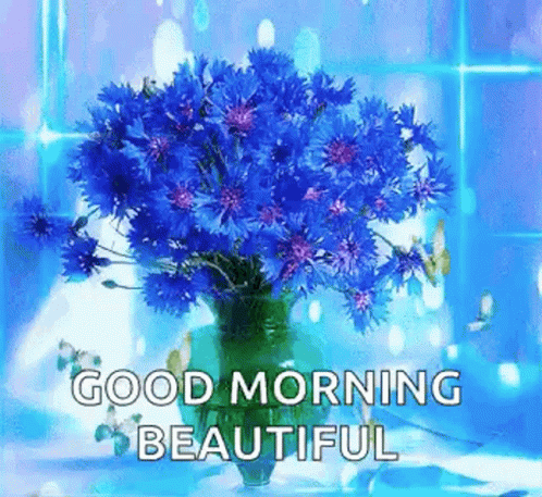 Vase With Blue Flowers And Good Morning Beautiful GIF