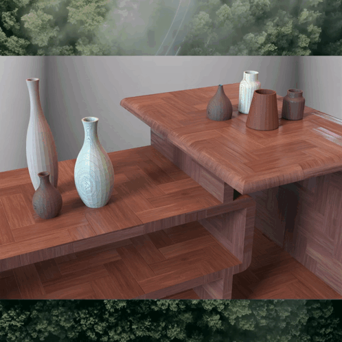 Vases on Wooden Table with Trees