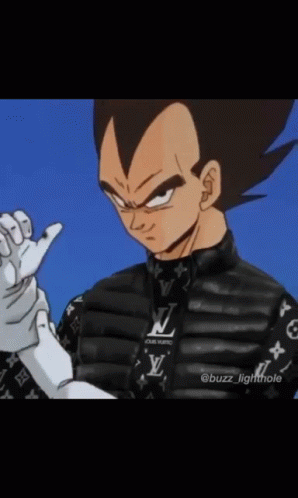 Vegeta From Dragon Ball Z Is Wearing A Black Jacket With Louis Vuitton On It . GIF