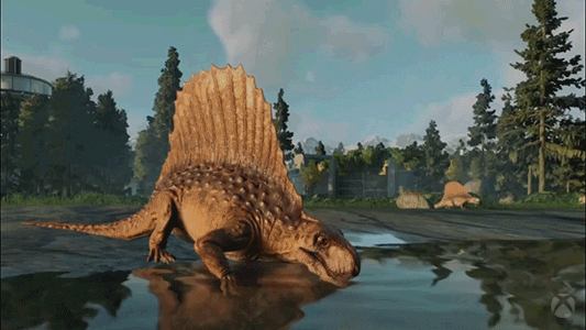 Velociraptor Dimetrodon Drinking Water In Lake GIF