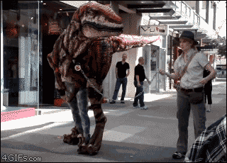 Velociraptor Mascot Scared People In The City GIF