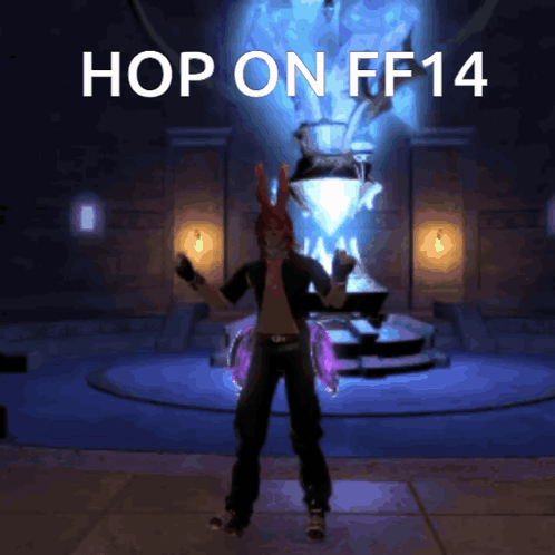 Video Game Character Dancing at Fountain Saying Hop on FF14