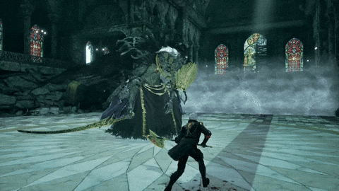 Video Game Character Fighting Monster in Stained Glass Church