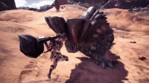 Video Game Character Fighting Monster with Hammer