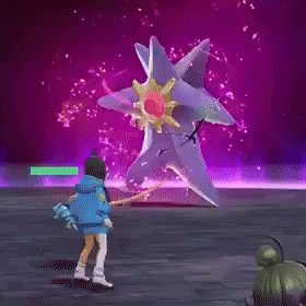 Video Game Character Fighting Purple Star With Yellow Center GIF